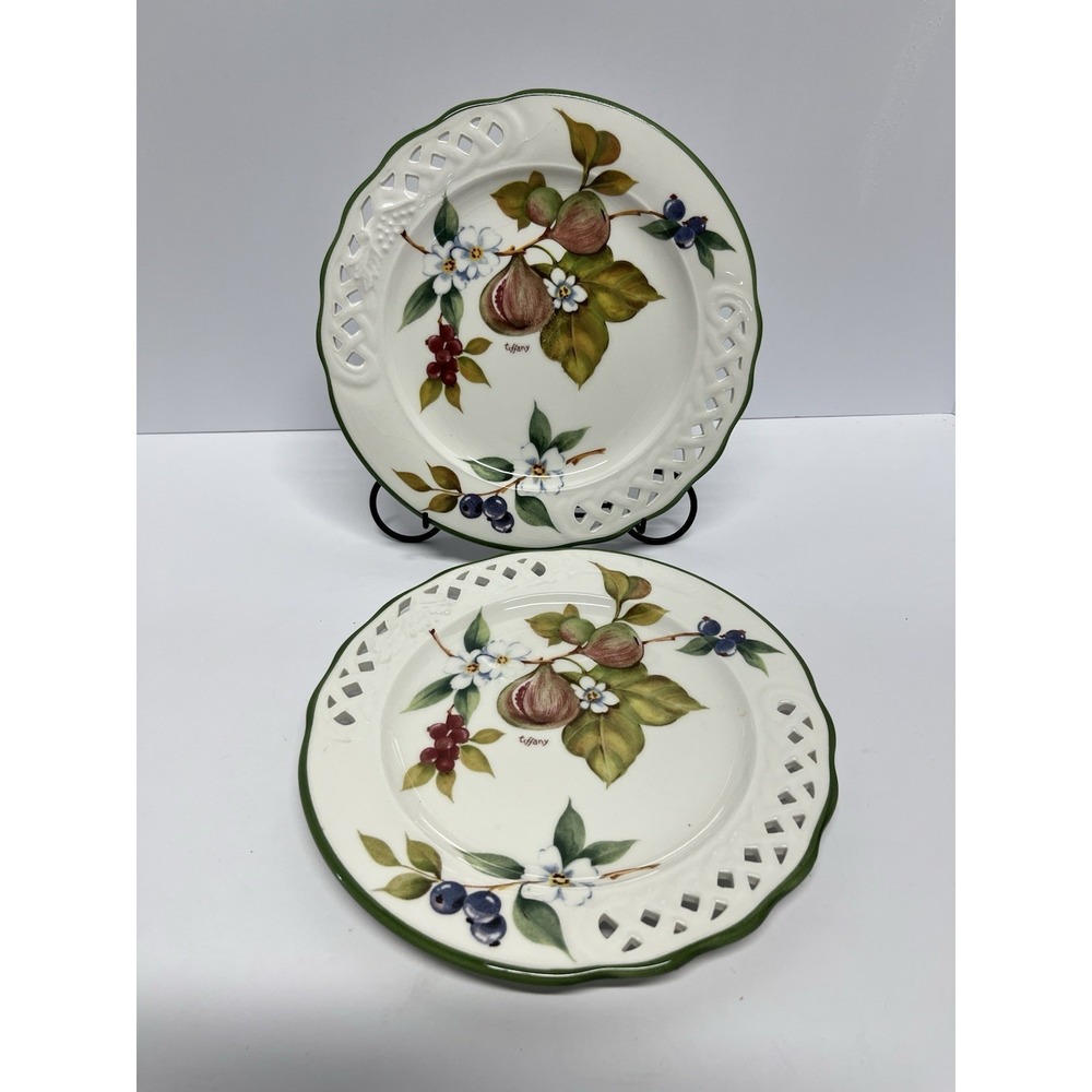 2 Brunelli Designed Fruit Motif Porcelain Plates Made in Italy Salad 8" Tiffany